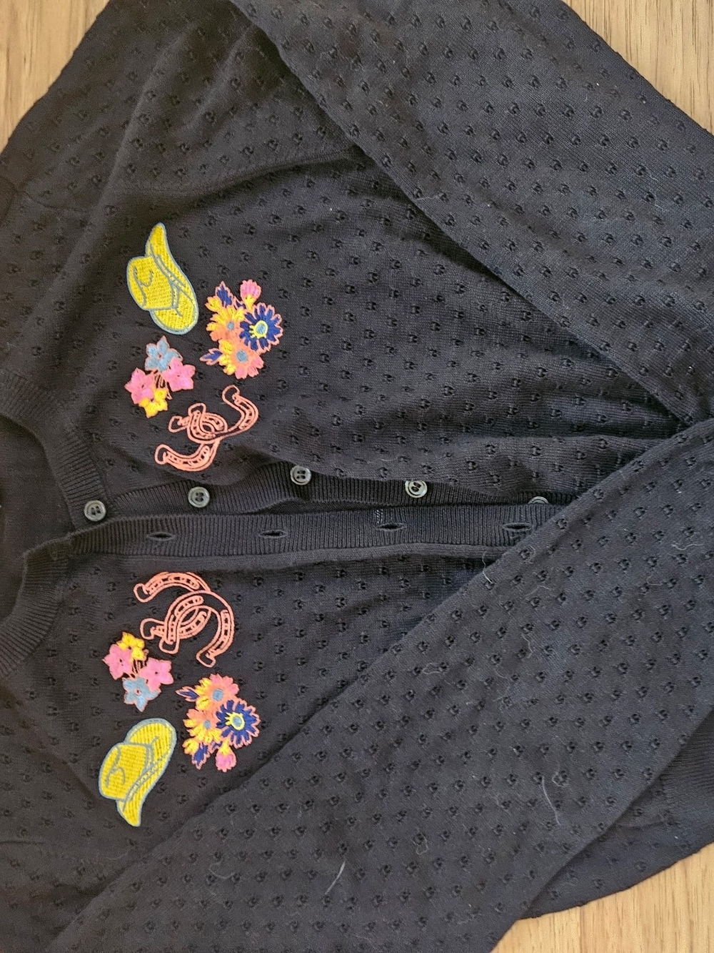ModCloth Black Cardigan with Colorful Floral & Embroidered Patches Eomens Size M